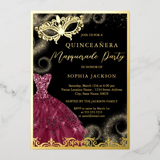 Invitation En Aluminium Robe Bourgogne Or Masquerade Party Quinceanera (Recto)