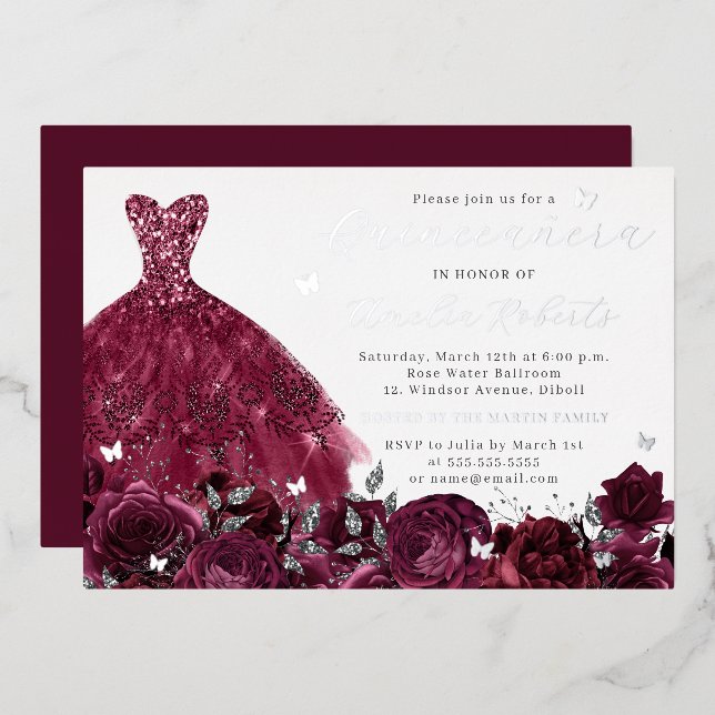 Invitation En Aluminium Robe Bourgogne Papillon floral argenté (Recto/Verso)