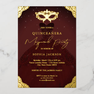 Invitation En Aluminium Robe Bourgogne pour Soirée Masquée Quinceanera