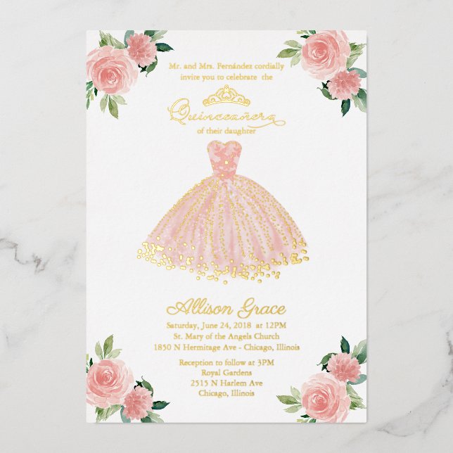 Invitation En Aluminium Robe de Quinceanera en or rose (Recto)