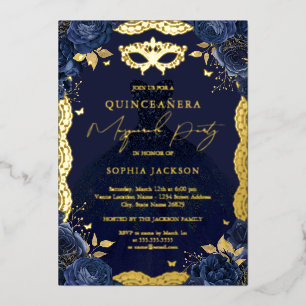 Invitation En Aluminium Robe de Quinceanera Florale Navy pour Soirée Masqu