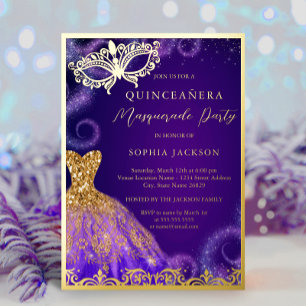 Invitation En Aluminium Robe de soirée Quinceanera Masquerade Violet Or