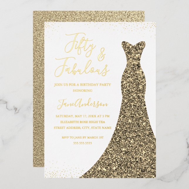 Invitation En Aluminium Robe d'or 50 & Fabuleux Anniversaire Foil (Recto/Verso)