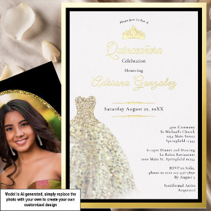 Invitation En Aluminium Robe dorée élégante 15e anniversaire Quinceanera