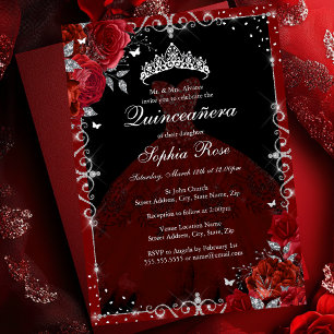 Invitation En Aluminium Robe élégante rouge rose argentée Quinceanera
