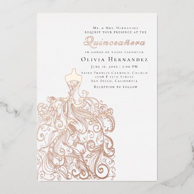 Invitation En Aluminium Robe élégante Sketched Quinceañera (Recto)