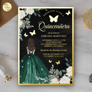 Invitation En Aluminium Robe émeraude Papillon Noir Quinceanera Or