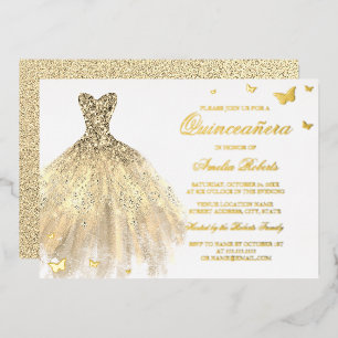 Invitation En Aluminium Robe en feuille d'or Papillon Quinceanera