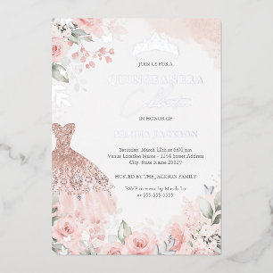 Invitation En Aluminium Robe Fleurie Rose Blush Argentée Quinceanera