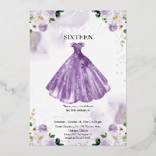 Invitation En Aluminium Robe Fleurs Aquarelle Sweet 16 Violet Argent