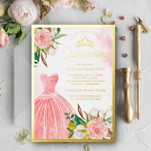 Invitation En Aluminium Robe Florale Aquarelle Rose Pâle Quinceanera Or