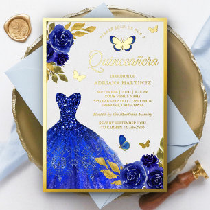 Invitation En Aluminium Robe florale bleu royal Papillon Quinceanera Or