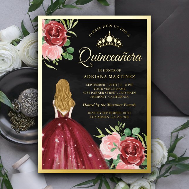 Invitation En Aluminium Robe Florale Bourgogne Noir Quinceanera Or (Créateur téléchargé)