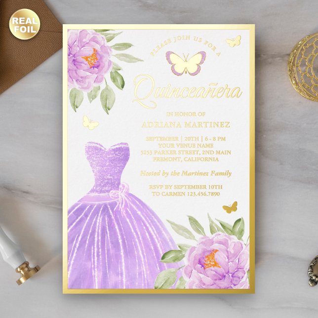 Invitation En Aluminium Robe florale lavande papillon Quinceanera Or (Créateur téléchargé)
