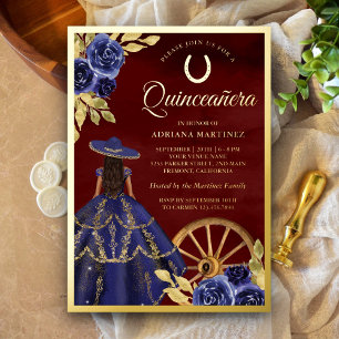 Invitation En Aluminium Robe florale marine Burgundy Charro Quinceanera Or