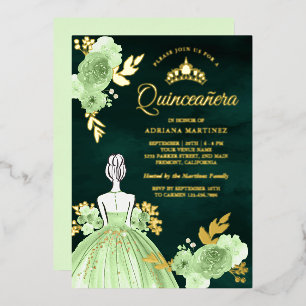Invitation En Aluminium Robe Florale Menthe Émeraude Vert Quinceanera Or