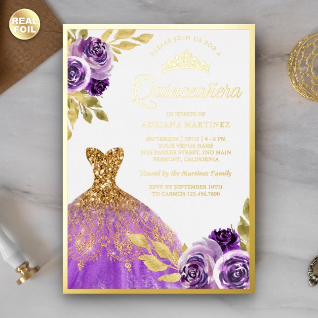 Invitation En Aluminium Robe Florale pourpre Éperche Quinceanera Or (Créateur téléchargé)