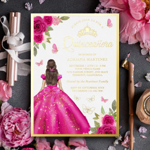 Invitation En Aluminium Robe Florale Rose Chaud Papillon Quinceanera Or
