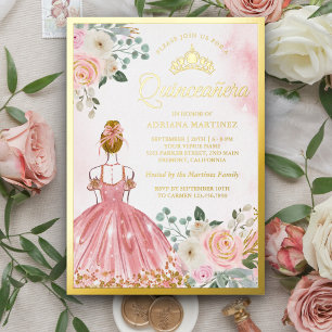 Invitation En Aluminium Robe Florale Rose Fardée Princesse Quinceanera Or