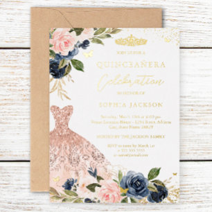 Invitation En Aluminium Robe Florale Rose Navy Blush Quinceanera