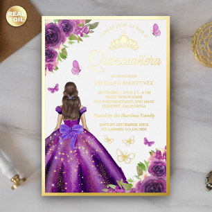 Invitation En Aluminium Robe Florale violette Papillon Quinceanera Or