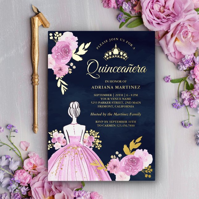 Invitation En Aluminium Robe Florale violette Princesse Marine Quinceanera (Créateur téléchargé)