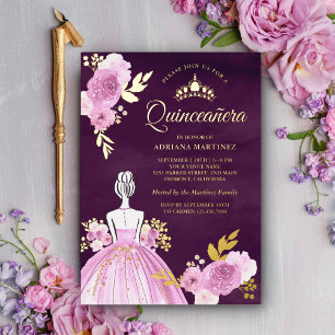 Invitation En Aluminium Robe Florale violette Princesse Plum Quinceanera O