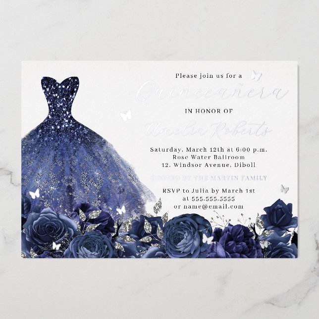 Invitation En Aluminium Robe Marine Argent Papillon Floral (Recto)