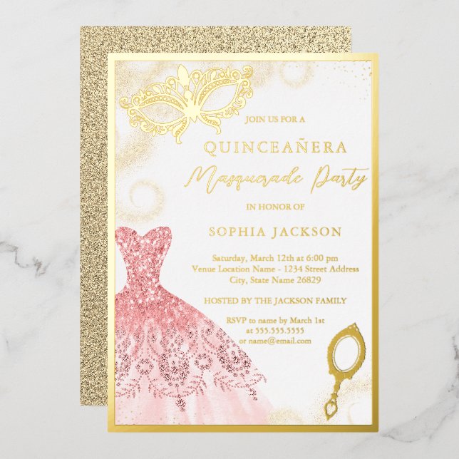 Invitation En Aluminium Robe Masquerade Rose Or Quinceanera (Recto/Verso)