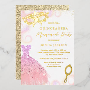 Invitation En Aluminium Robe Masquerade violet Blush Quinceanera