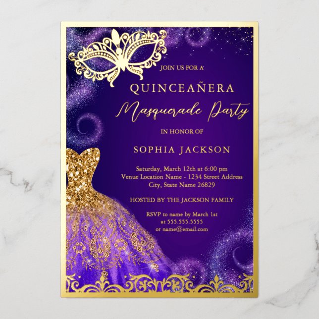 Invitation En Aluminium Robe Masquerade violet or Quinceanera (Recto)