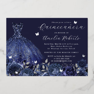 Invitation En Aluminium Robe Navy Papillon Floral Argenté
