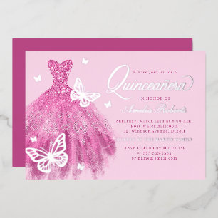 Invitation En Aluminium Robe papillon argent rose chaud Quinceanera