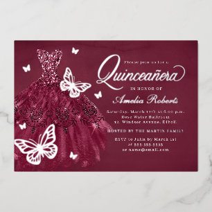 Invitation En Aluminium Robe papillon argenté de Bourgogne Quinceanera