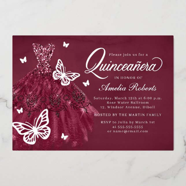 Invitation En Aluminium Robe papillon argenté de Bourgogne Quinceanera (Recto)