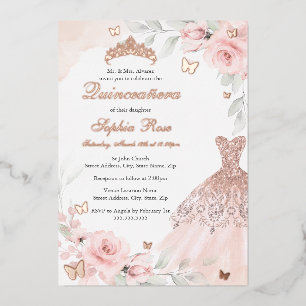 Invitation En Aluminium Robe papillon rose florale Quinceanera
