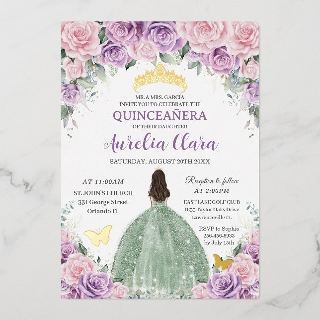 Invitation En Aluminium Robe Quinceañera Violet Rose Floral Vert Sauge (Recto)