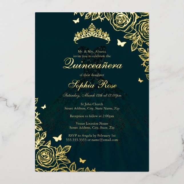 Invitation En Aluminium Robe Rose Emerald Gold Quinceanera (Recto)