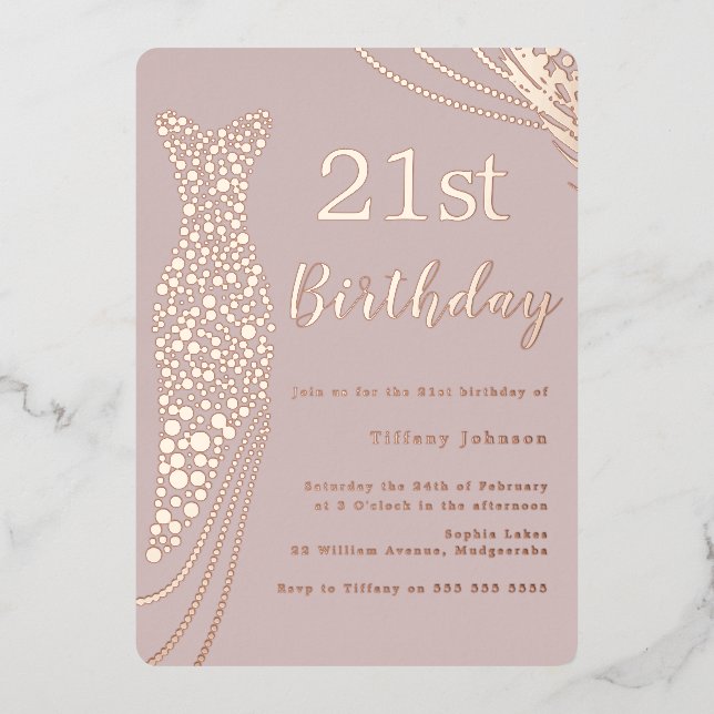 Invitation En Aluminium Robe rose Gold Foil rose élégant 21e anniversaire (Recto)