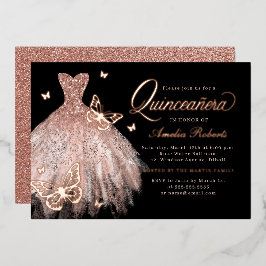 Invitation En Aluminium Robe rose or noir papillon Quinceanera