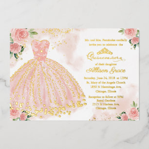Invitation En Aluminium Robe rose or Quinceanera