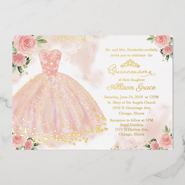 Invitation En Aluminium Robe rose or Quinceanera (Recto)