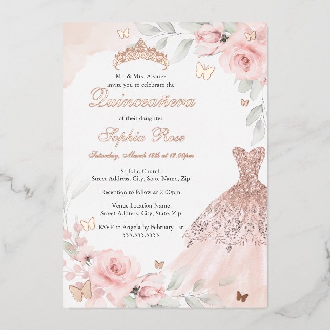Invitation En Aluminium Robe Rose rose papillon Quinceanera (Recto)