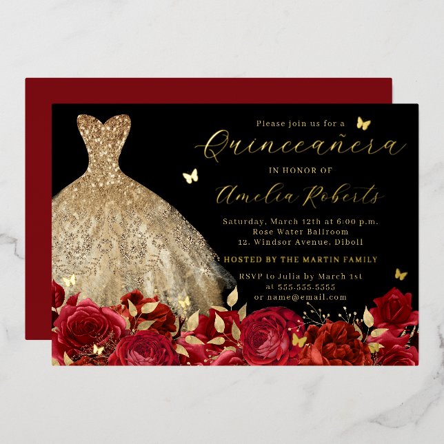 Invitation En Aluminium Robe rouge or noir Papillon élégant floral (Recto/Verso)