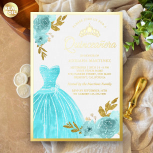Invitation En Aluminium Robe scintillante Aqua Blue Floral Quinceanera Or