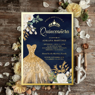Invitation En Aluminium Robe scintillante ivoire florale marine Quinceaner