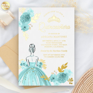 Invitation En Aluminium Robe turquoise Florale Princesse Quinceanera Or