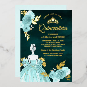 Invitation En Aluminium Robe turquoise Florale Princesse Verte Quinceanera