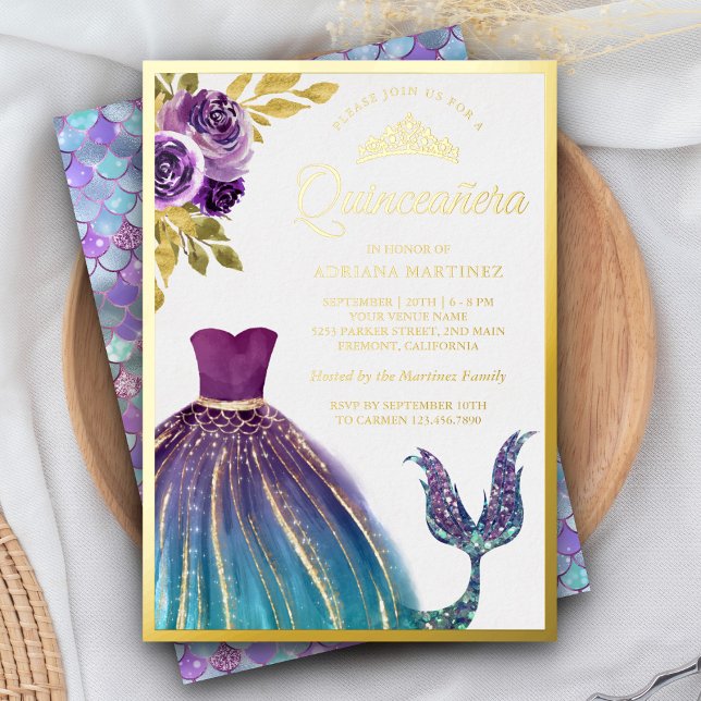 Invitation En Aluminium Robe Turquoise violette Queue de sirène Quinceaner (Créateur téléchargé)