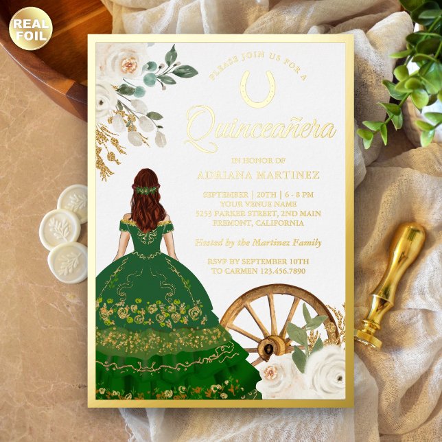 Invitation En Aluminium Robe verte florale ivoire Charro Quinceanera Or (Créateur téléchargé)